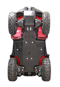A view of the underside of a Honda TRX 650/680 (-2014) fitted with the Skid Plate Full Set (plastic), showing four rugged tires, a flat black skid plate covering the chassis, and partially visible red suspension components on a white background.