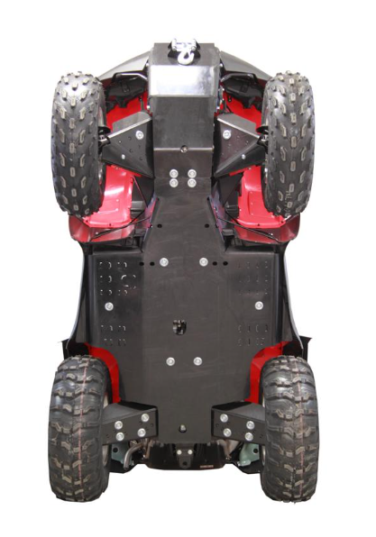 A view of the underside of a Honda TRX 650/680 (-2014) fitted with the Skid Plate Full Set (plastic), showing four rugged tires, a flat black skid plate covering the chassis, and partially visible red suspension components on a white background.
