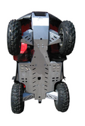 The image displays a Honda TRX 650/680 (-2014) fitted with a full set aluminium skid plate, highlighting its protective coverage under the vehicle, large treaded tires at each corner, all photographed against a white background.