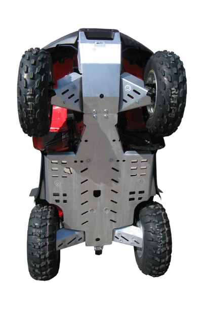 The image displays a Honda TRX 650/680 (-2014) fitted with a full set aluminium skid plate, highlighting its protective coverage under the vehicle, large treaded tires at each corner, all photographed against a white background.