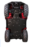 The Kawasaki KVF 650 / 750 is shown overturned, highlighting the Skid plate full set (plastic) in black protecting its underside. The four large tires have deep treads for traction, and visible metal bolts secure the skid plate.