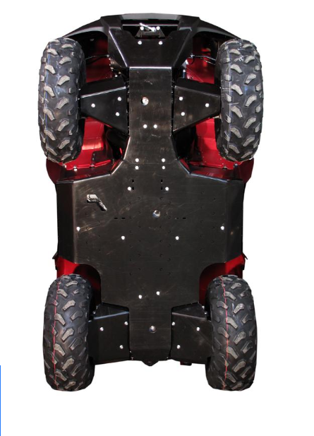 The Kawasaki KVF 650 / 750 is shown overturned, highlighting the Skid plate full set (plastic) in black protecting its underside. The four large tires have deep treads for traction, and visible metal bolts secure the skid plate.