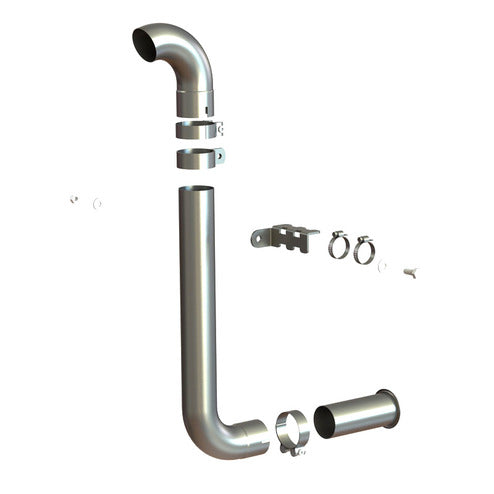 A digitally rendered image displays a Kawasaki Brute Force 650 Snorkel kit in exploded view, showing metal pipes with cylindrical and curved segments, clamps, brackets, and fasteners against a white background to illustrate assembly.