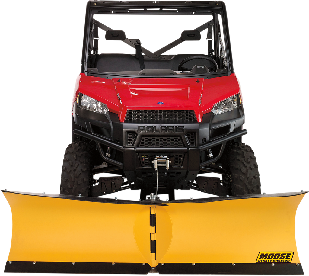 A red Polaris utility vehicle is shown from the front, fitted with a large yellow Moose snow plow attachment. The plow has a curved blade and the Moose Utility Division logo on the right side. The vehicle has rugged tires and a protective metal frame.