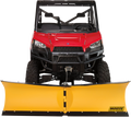 A red Polaris utility vehicle is shown from the front, fitted with a large yellow Moose snow plow attachment. The plow has a curved blade and the Moose Utility Division logo on the right side. The vehicle has rugged tires and a protective metal frame.