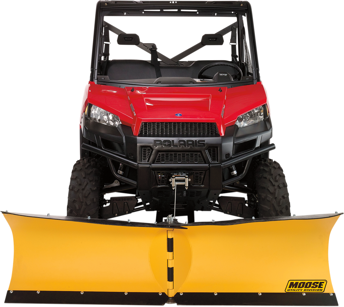 A red Polaris utility vehicle is shown from the front, fitted with a large yellow Moose snow plow attachment. The plow has a curved blade and the Moose Utility Division logo on the right side. The vehicle has rugged tires and a protective metal frame.