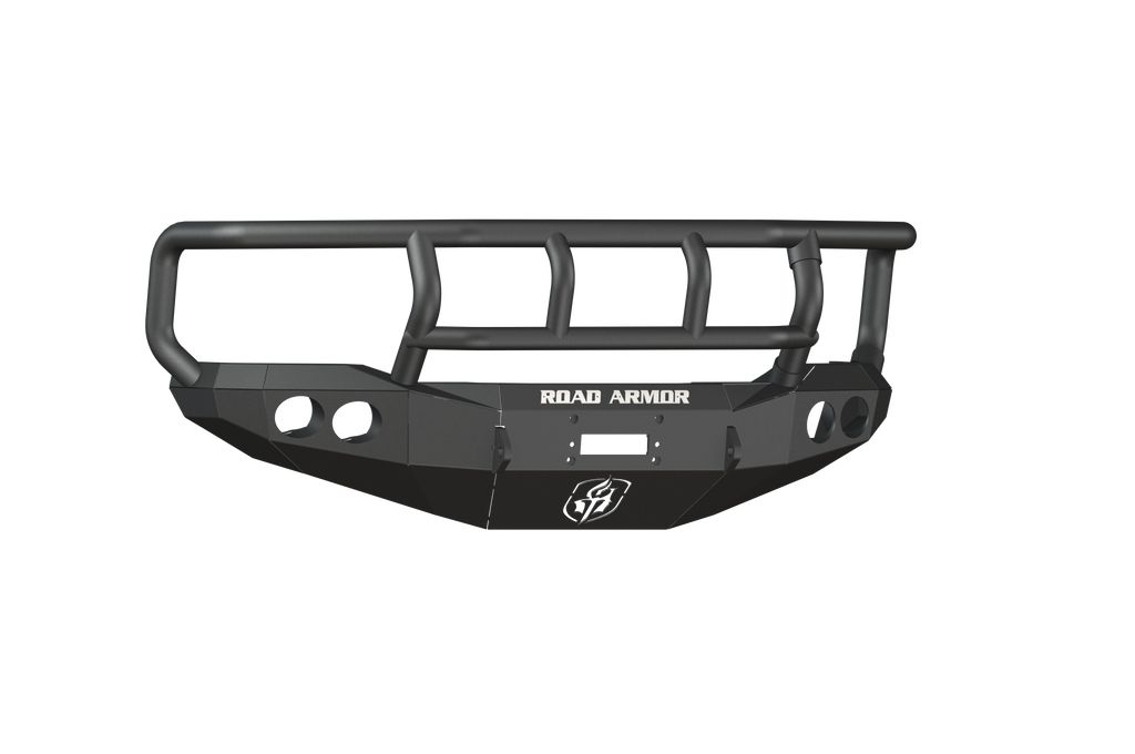 The Stealth Front Winch Bumper Titan II Guard Wide Flare for 1999-2004 Ford F-250 features a textured black finish, angular design, grille guard, multiple mounting holes, and ROAD ARMOR logo. Compatible with Warn M12000 and Smittybilt XRC winches.