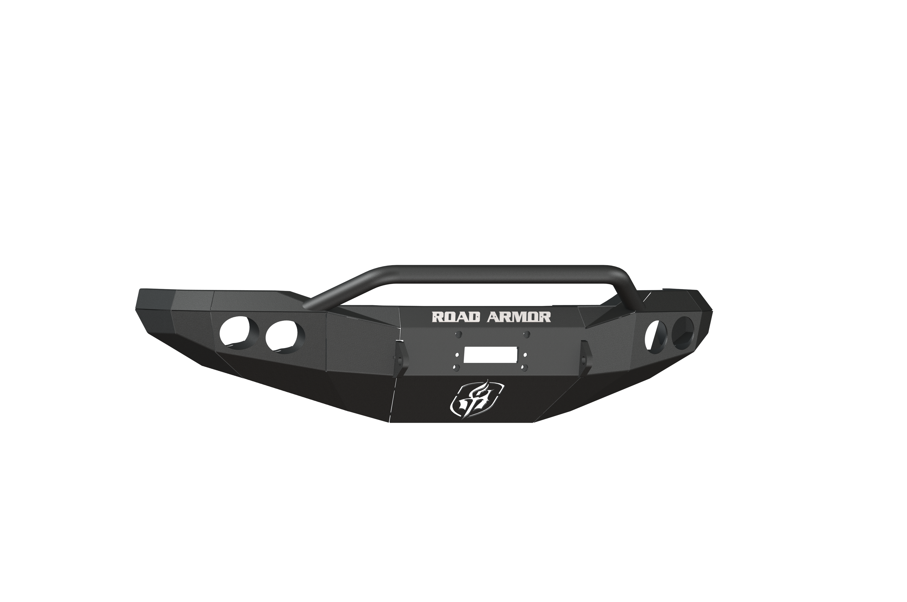A rugged, modern Stealth Front Winch Bumper in texture black for 1999-2004 Ford F-250 features an angular design with a pre-runner guard, round cutouts, and fits Warn M12000 & Smittybilt XRC winches—perfect for off-road use.