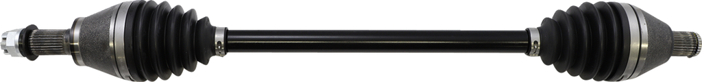 A black automotive axle shaft with metal ends and ribbed rubber boots on both sides, designed for connecting and transmitting power between a vehicles wheels and differential. The shaft is straight, with grooves and metallic surfaces visible at each end.