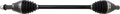 A black automotive axle shaft with metal ends and ribbed rubber boots on both sides, designed for connecting and transmitting power between a vehicles wheels and differential. The shaft is straight, with grooves and metallic surfaces visible at each end.