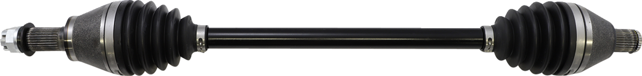A black automotive axle shaft with metal ends and ribbed rubber boots on both sides, designed for connecting and transmitting power between a vehicles wheels and differential. The shaft is straight, with grooves and metallic surfaces visible at each end.