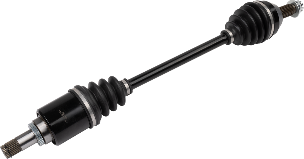 A car CV axle shaft with black protective rubber boots on both ends, metal splined ends for fitting, and a solid central shaft. The image shows the part isolated on a white background, positioned diagonally from bottom left to top right.