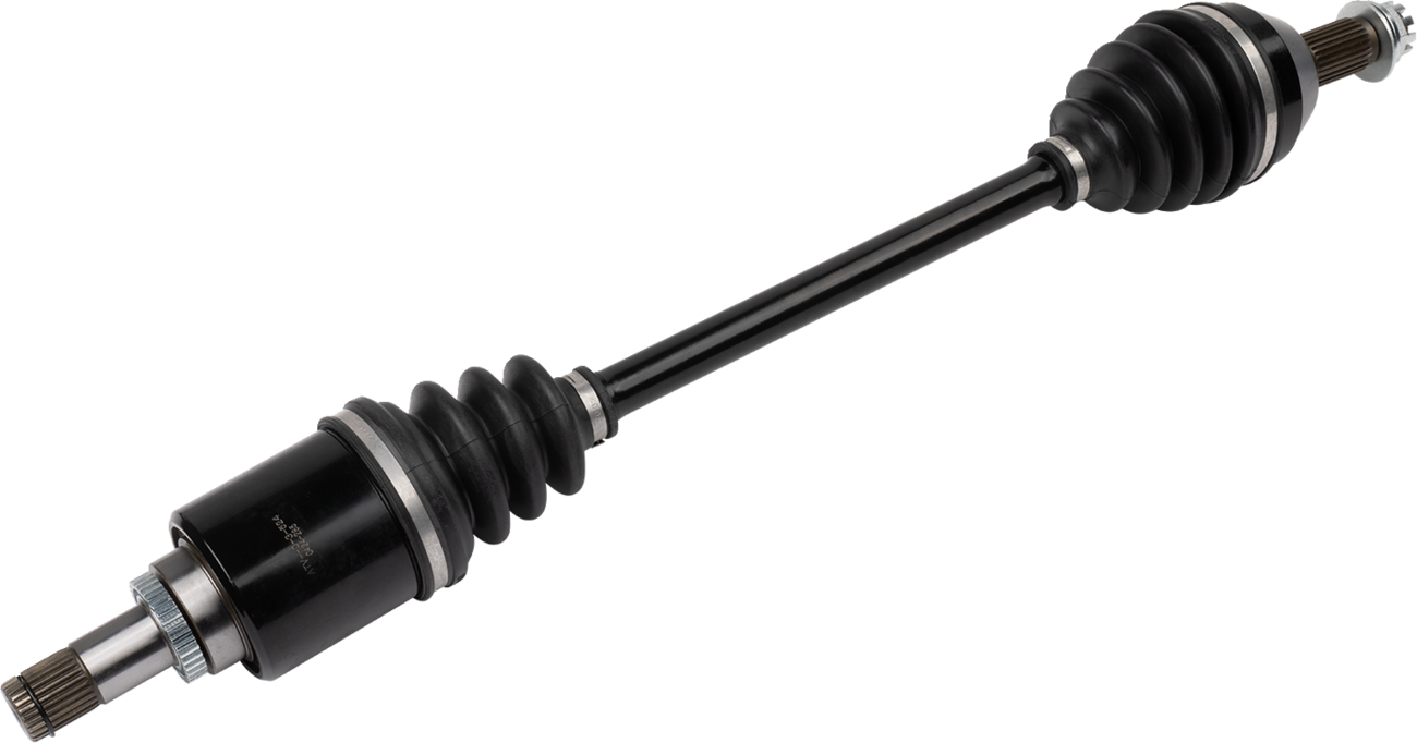 A car CV axle shaft with black protective rubber boots on both ends, metal splined ends for fitting, and a solid central shaft. The image shows the part isolated on a white background, positioned diagonally from bottom left to top right.