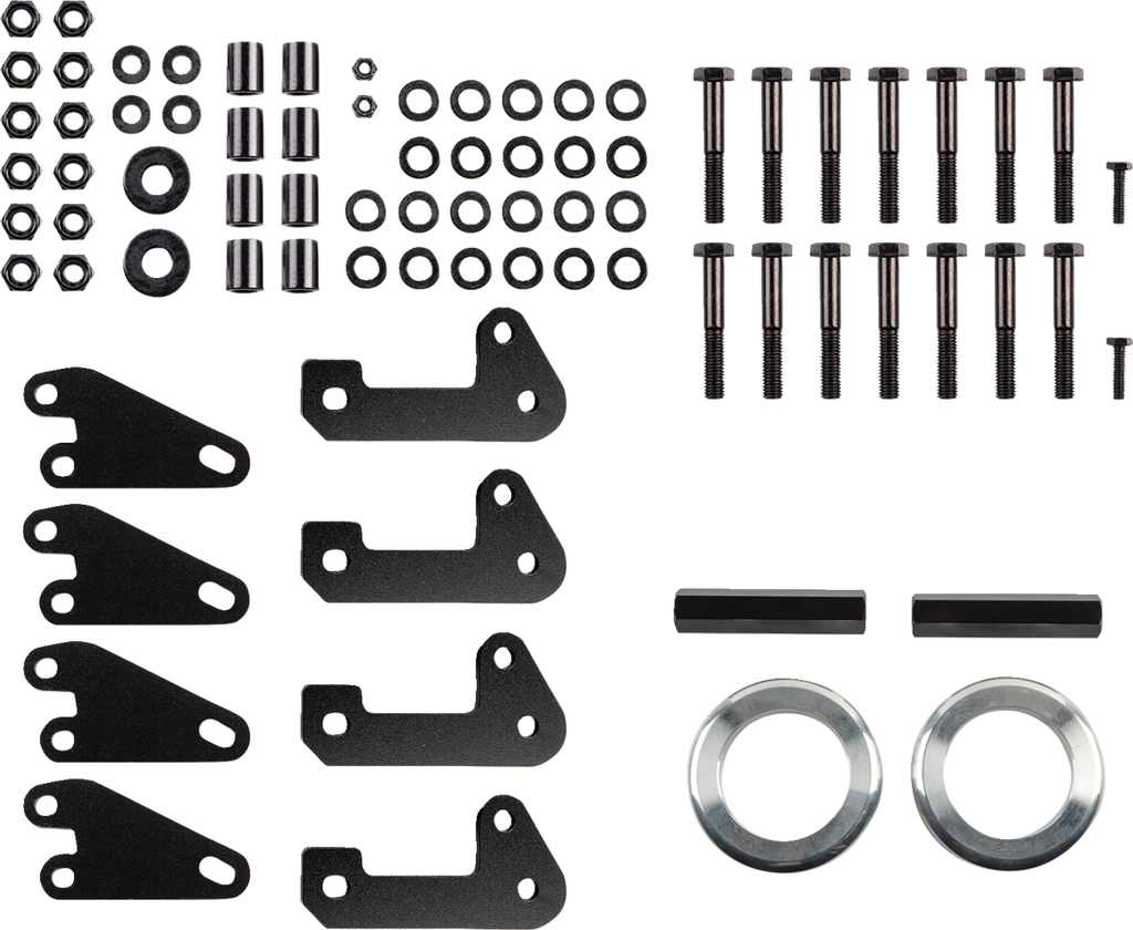 Assorted hardware parts arranged neatly on a white background, including bolts, nuts, washers, spacers, four black metal mounting brackets with holes, two thick metal rings, and two cylindrical black rods.