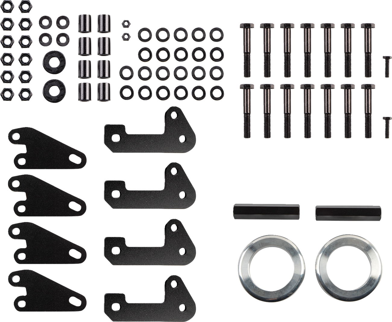 Assorted hardware parts arranged neatly on a white background, including bolts, nuts, washers, spacers, four black metal mounting brackets with holes, two thick metal rings, and two cylindrical black rods.