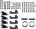A set of assorted metal hardware parts arranged neatly on a white background, including bolts, washers, nuts, black mounting brackets, cylindrical spacers, and two large silver rings. The components are grouped by type and aligned in rows.