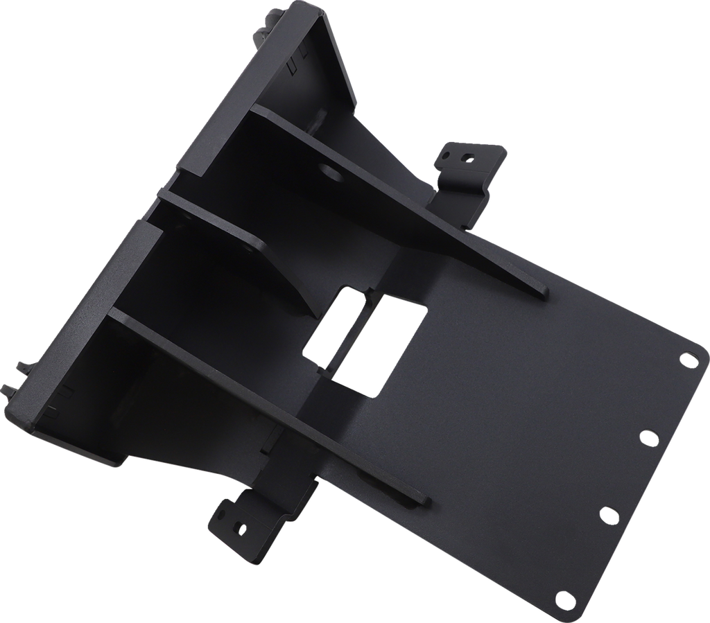 A black metal mounting bracket with angled supports and multiple screw holes, likely designed for attaching or securing equipment. The bracket has a rectangular cutout in the center and several protruding tabs for additional mounting options.