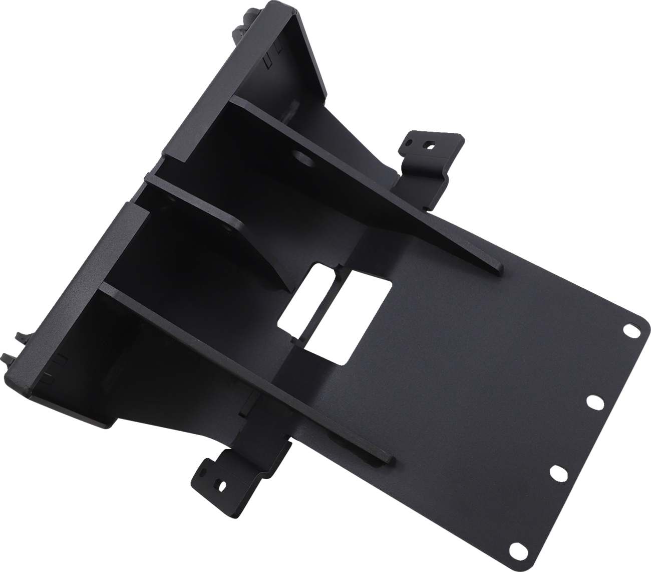 A black metal mounting bracket with angled supports and multiple screw holes, likely designed for attaching or securing equipment. The bracket has a rectangular cutout in the center and several protruding tabs for additional mounting options.