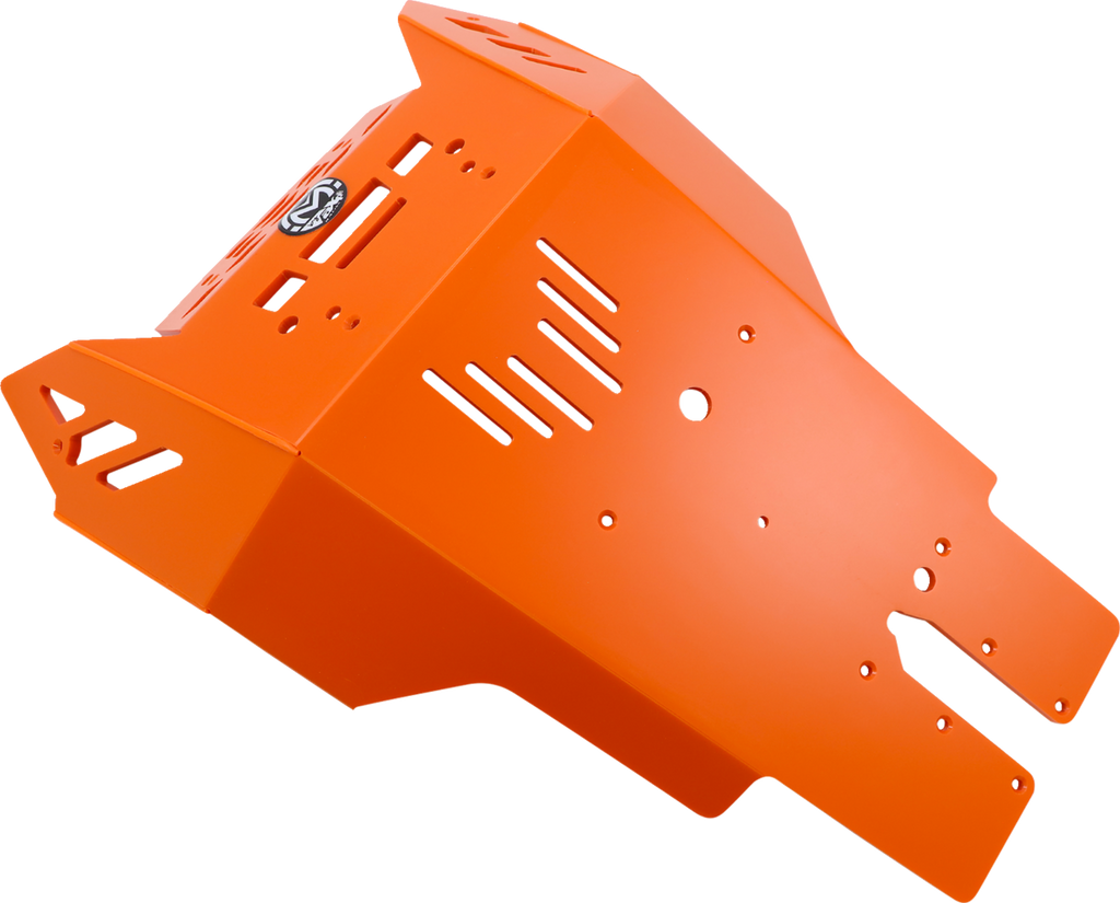 Bright orange metal skid plate with angular, geometric design and multiple cutouts, slots, and holes for mounting. The plate has a logo sticker and appears to be designed to protect the underside of a vehicle or machinery. The background is plain white.