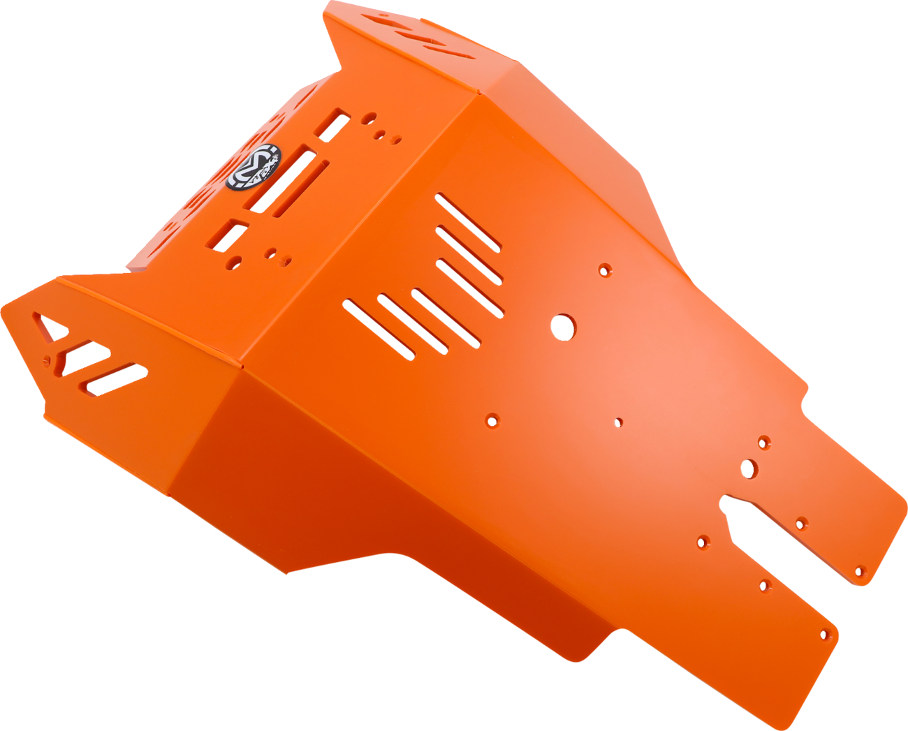 Bright orange metal skid plate with angular edges and cutouts for ventilation and mounting, viewed from an angle on a white background. The plate has a logo sticker, multiple holes, and slots for fitting onto the underside of a vehicle.