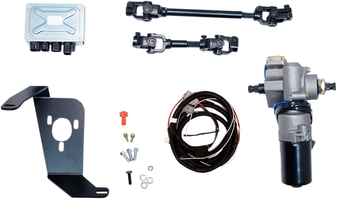 A set of automotive parts on a white background, including an electronic control unit, two black driveshafts, a motor assembly, a metal bracket, wiring harness, small hardware pieces, and connectors arranged neatly and separated.