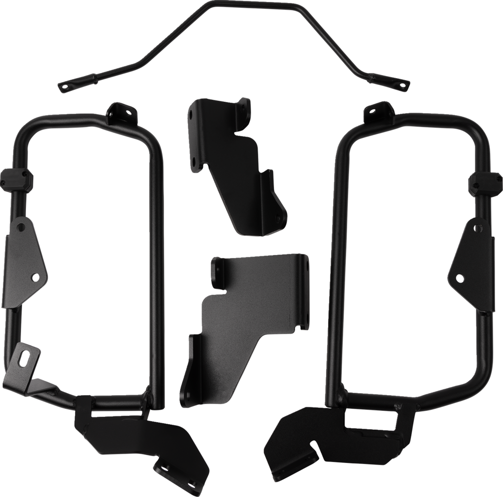 A set of black metal motorcycle parts, including two frame guards, three mounting brackets of varying shapes, and a bent support bar, all arranged on a white background. The components appear sturdy and are designed for installation on a vehicle.