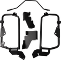 A set of black metal motorcycle parts, including two frame guards, three mounting brackets of varying shapes, and a bent support bar, all arranged on a white background. The components appear sturdy and are designed for installation on a vehicle.