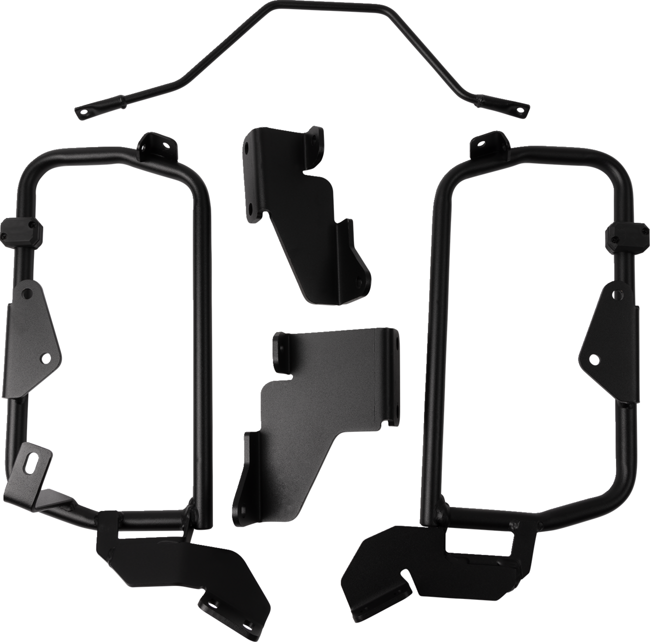 A set of black metal motorcycle parts, including two frame guards, three mounting brackets of varying shapes, and a bent support bar, all arranged on a white background. The components appear sturdy and are designed for installation on a vehicle.