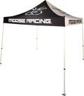 A black and white pop-up canopy tent with four white legs. The roof features a large stylized moose head graphic and bold text that reads “MOOSE RACING” on all visible sides. The tent is set against a plain white background.