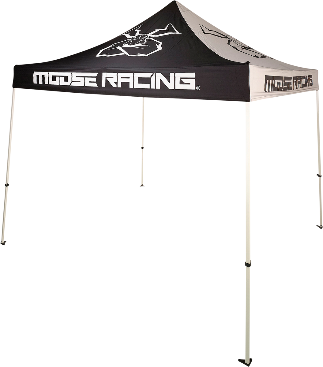 A black and white pop-up canopy tent with four white legs. The roof features a large stylized moose head graphic and bold text that reads “MOOSE RACING” on all visible sides. The tent is set against a plain white background.