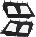 Two black fabric car door covers with large clear window cutouts, each featuring multiple attachment straps along the edges. The covers are displayed side by side on a white background, showing both exterior and interior shapes.