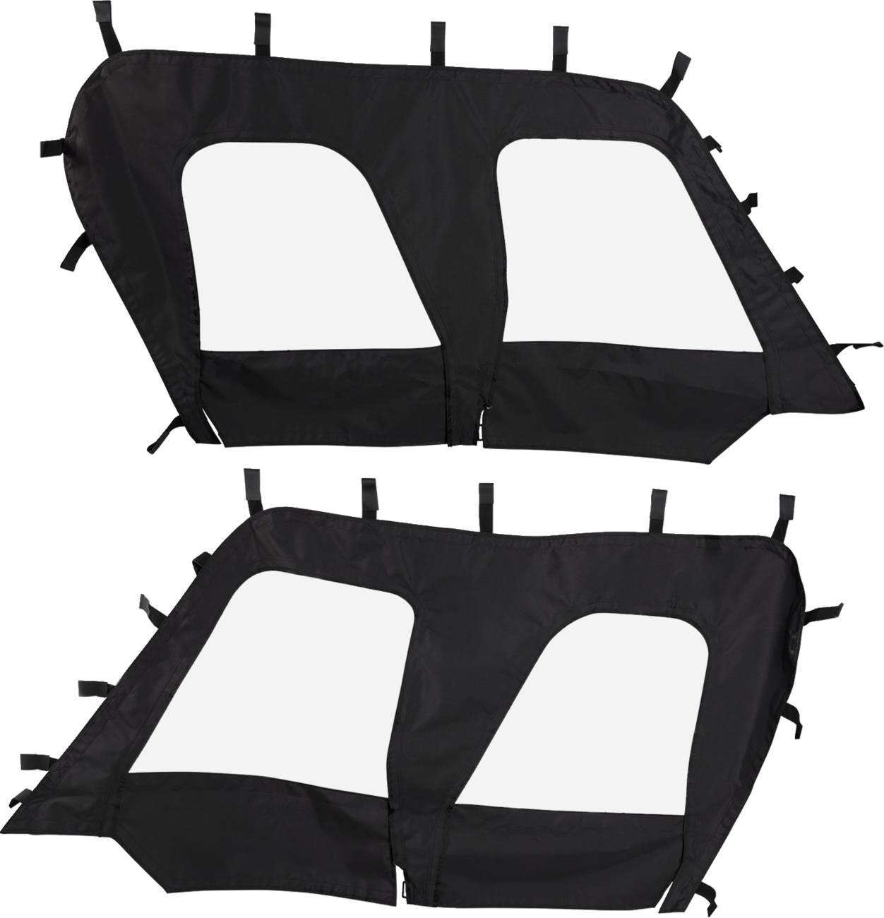 Two black fabric car door covers with large clear window cutouts, each featuring multiple attachment straps along the edges. The covers are displayed side by side on a white background, showing both exterior and interior shapes.