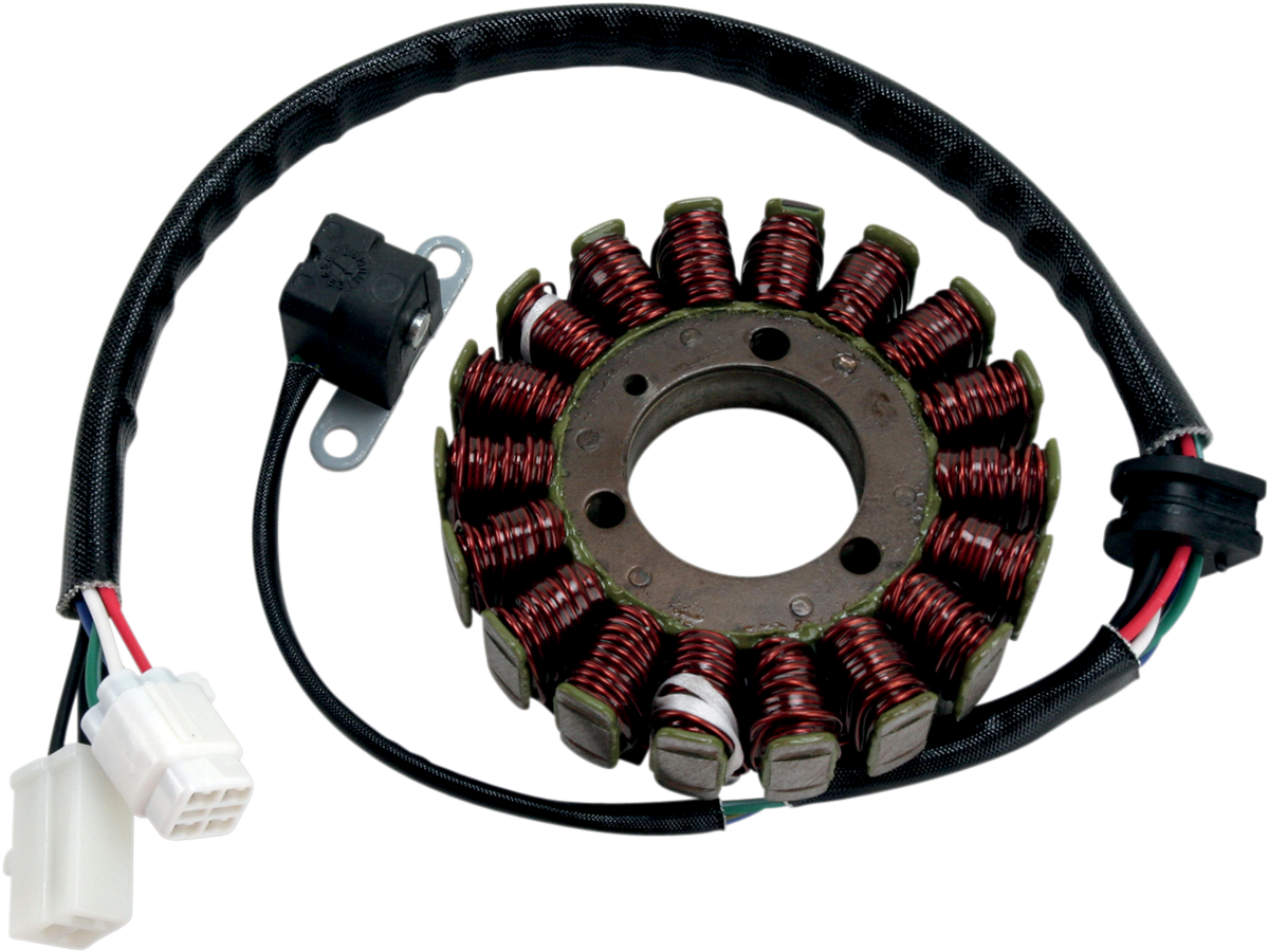 A circular metal stator with multiple copper wire coils arranged around its perimeter, attached to a black insulated cable with white plastic electrical connectors and an additional small black sensor mounted on a bracket.