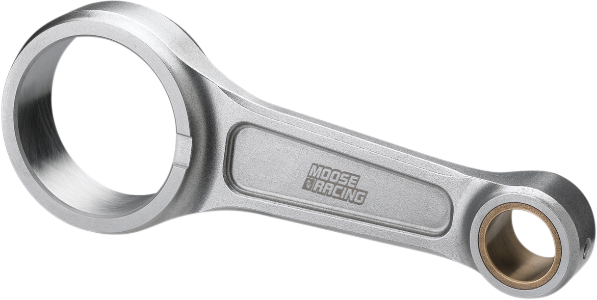 A silver metal connecting rod for an engine, featuring two circular openings on each end and the Moose Racing logo engraved in the center. The rod has a smooth, matte finish and is set against a light gray background.