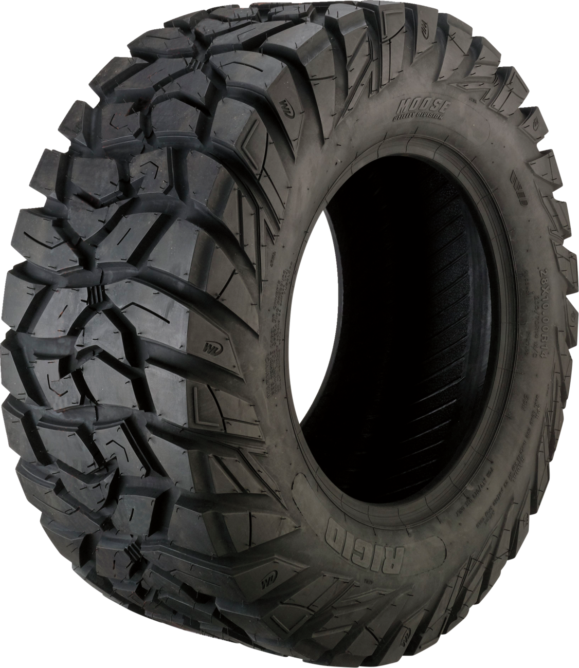 A large, rugged off-road tire is shown upright against a white background. It has deep, aggressive tread patterns with prominent sidewall lugs for strong grip, and RADIAL is visibly molded into the side of the tire.