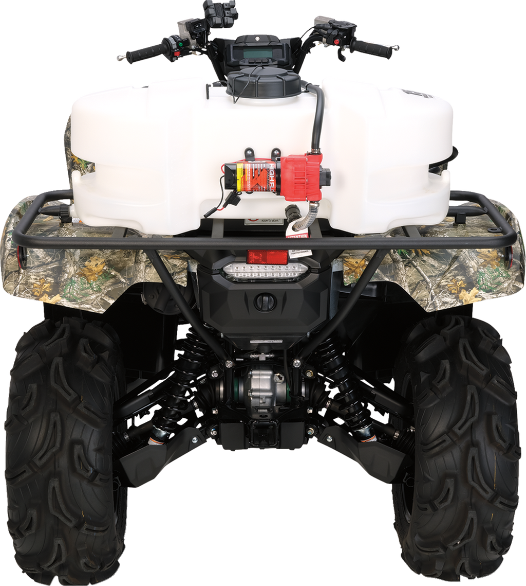 Rear view of a four-wheeled all-terrain vehicle (ATV) with large off-road tires, camouflage fenders, and a white utility tank mounted on the back rack. A red tool or motor is attached to the tank. The vehicle is clean and on a plain background.