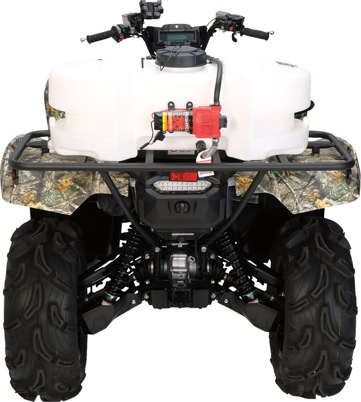 Rear view of a four-wheeled all-terrain vehicle (ATV) with large off-road tires, camouflage fenders, and a white utility tank mounted on the back rack. A red tool or motor is attached to the tank. The vehicle is clean and on a plain background.