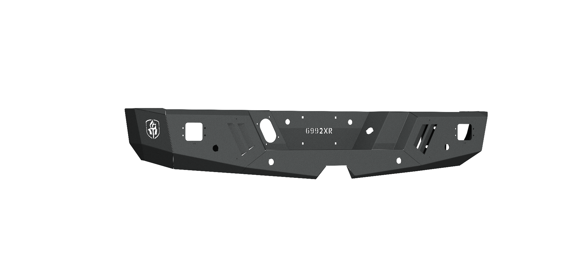 The 1999-2010 Ford F250 Spartan Rear Bumper by Road Armor features a textured black finish, angular rugged design, multiple cutouts, mounting holes, and a left-side logo, shown isolated on white to highlight its shape and structure.