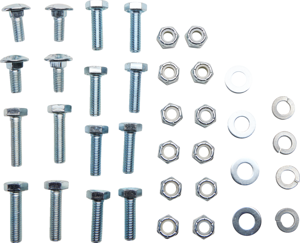 A set of metal fasteners, including bolts, hex nuts, flat washers, and split lock washers, arranged in neat rows on a white background. The bolts vary in head shapes, while the washers are grouped by type and size.