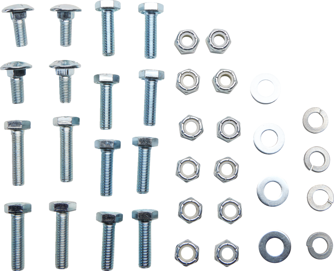 A set of metal fasteners, including bolts, hex nuts, flat washers, and split lock washers, arranged in neat rows on a white background. The bolts vary in head shapes, while the washers are grouped by type and size.