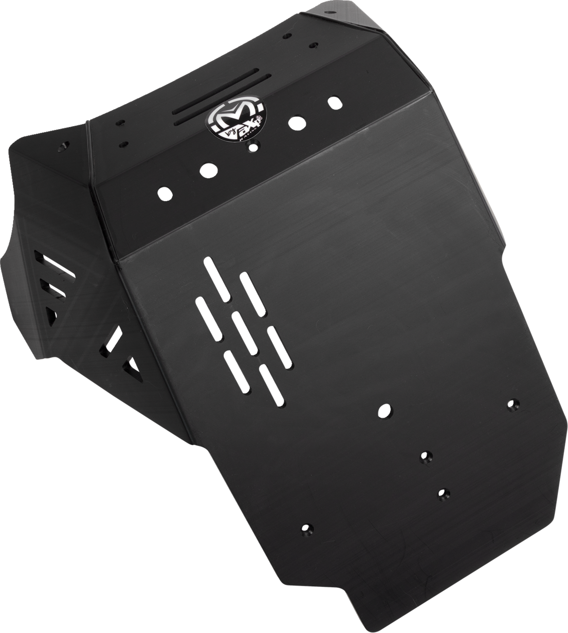 A black, angular metal skid plate with vent slots, mounting holes, and a white “M” logo at the top center. The plate has cut-outs for ventilation or attachment, and is designed to protect vehicle components underneath. The background is white.