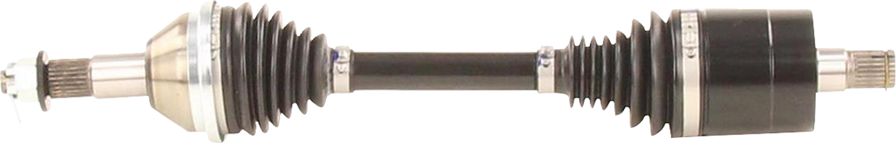 A car axle shaft with metal ends and black rubber boots covering both joints. The shaft is straight and cylindrical, with grooved splines at each end for fitting into a vehicle’s drivetrain system. The rubber boots are ribbed for flexibility.