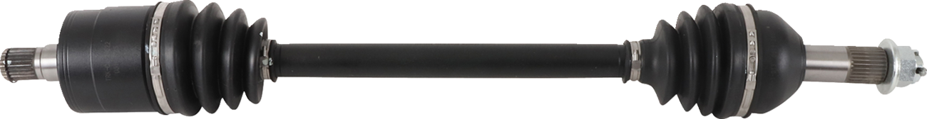 A car axle shaft with two constant velocity (CV) joints at each end, covered by accordion-style black rubber boots and metal clamps. The shaft is black and cylindrical, and the metal splined ends are visible on both sides.