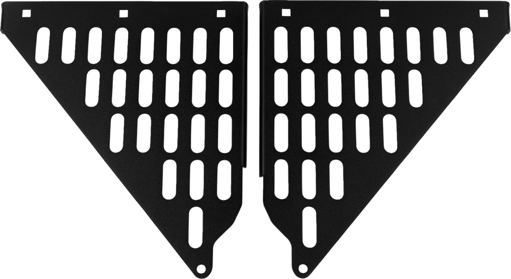 Two black, triangular metal panels with rounded rectangular cutouts are placed side by side, mirror-imaged. Each panel has a small circular hole near the bottom corner and notches along the top edge, against a plain white background.