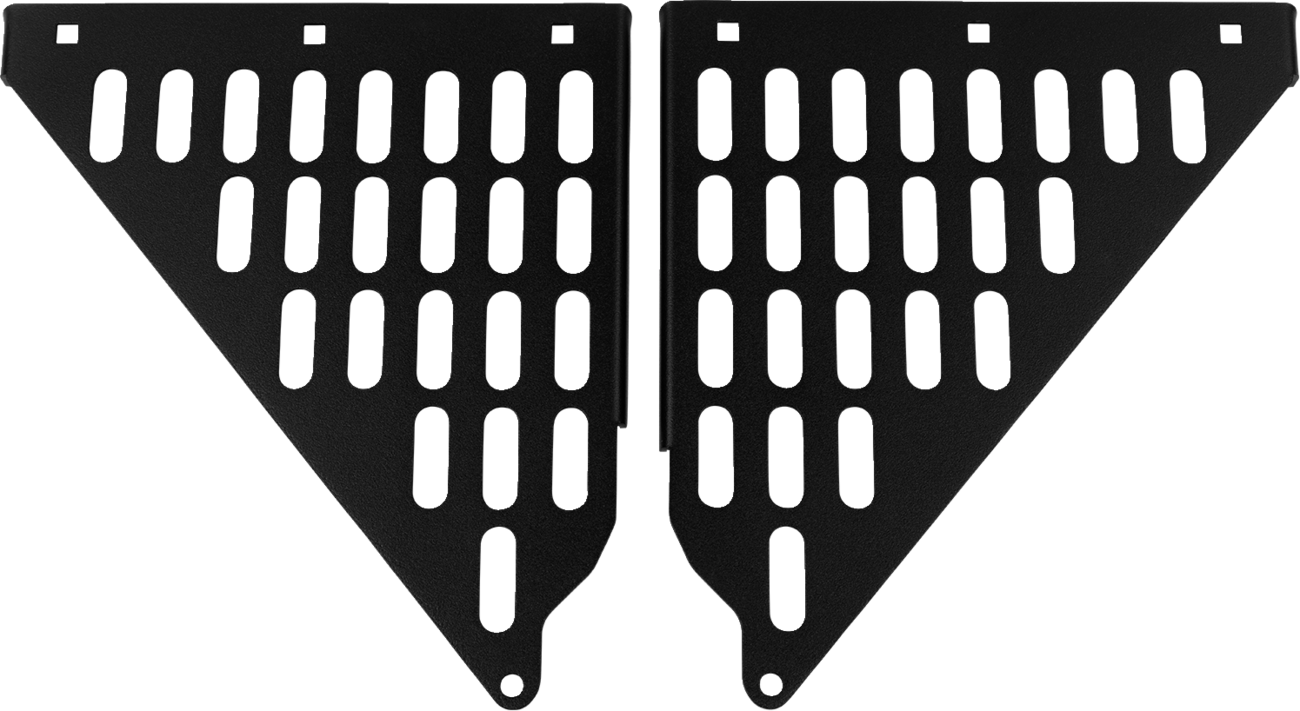 Two black, triangular metal panels with rounded rectangular cutouts are placed side by side, mirror-imaged. Each panel has a small circular hole near the bottom corner and notches along the top edge, against a plain white background.
