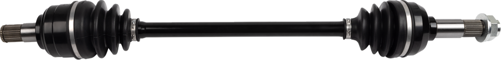 A close-up image of a black car axle shaft, showing splined metal ends with threaded bolts and large rubber boots on both sides. The shaft connects the boots, which have ridged, accordion-like designs. The background is plain white.