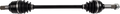 A close-up image of a black car axle shaft, showing splined metal ends with threaded bolts and large rubber boots on both sides. The shaft connects the boots, which have ridged, accordion-like designs. The background is plain white.