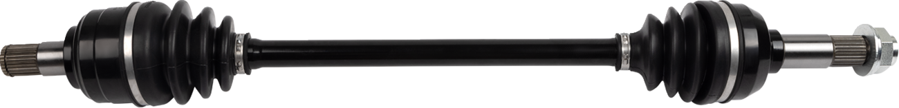 A close-up image of a black car axle shaft, showing splined metal ends with threaded bolts and large rubber boots on both sides. The shaft connects the boots, which have ridged, accordion-like designs. The background is plain white.