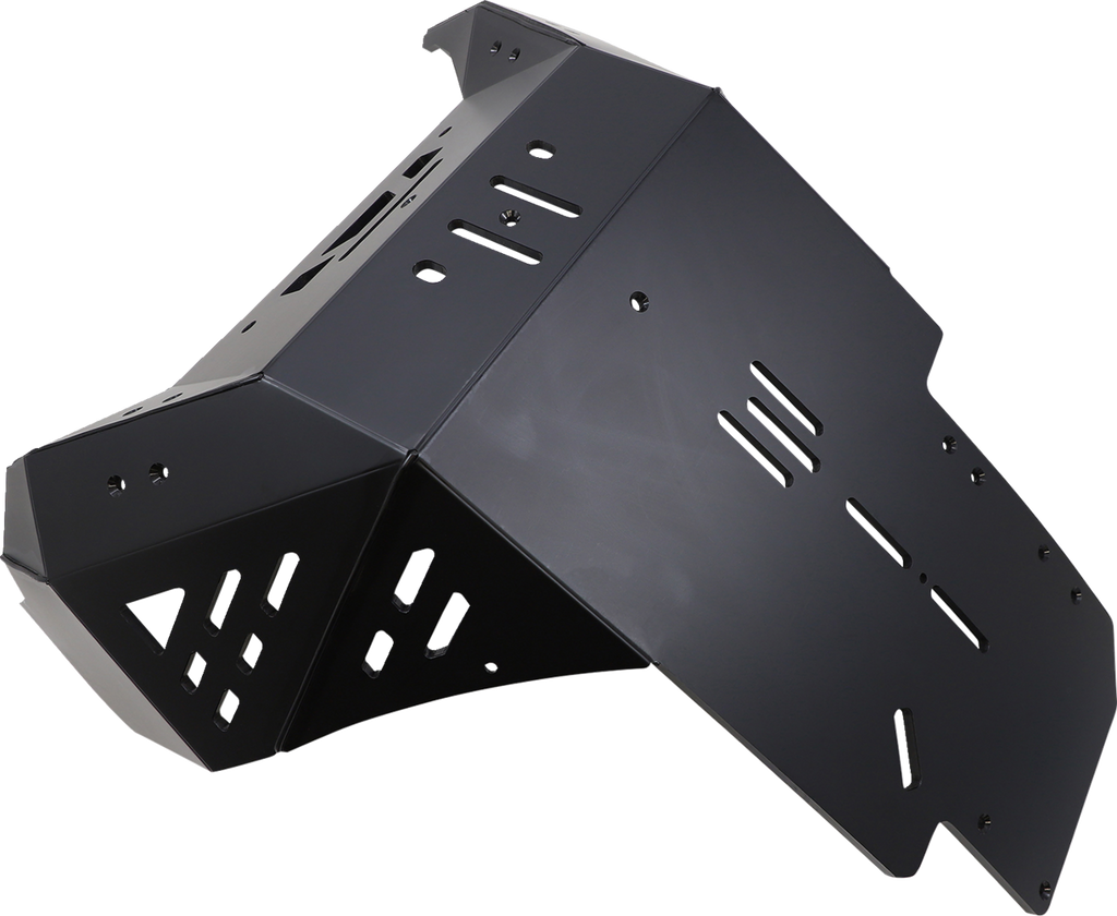 A black, angular metal skid plate with multiple slotted holes and cutouts, designed for vehicle undercarriage protection. The plate has a matte finish and sharp, geometric contours, with mounting points visible on the flat and angled surfaces.