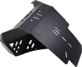 A black, angular metal skid plate with multiple slotted holes and cutouts, designed for vehicle undercarriage protection. The plate has a matte finish and sharp, geometric contours, with mounting points visible on the flat and angled surfaces.